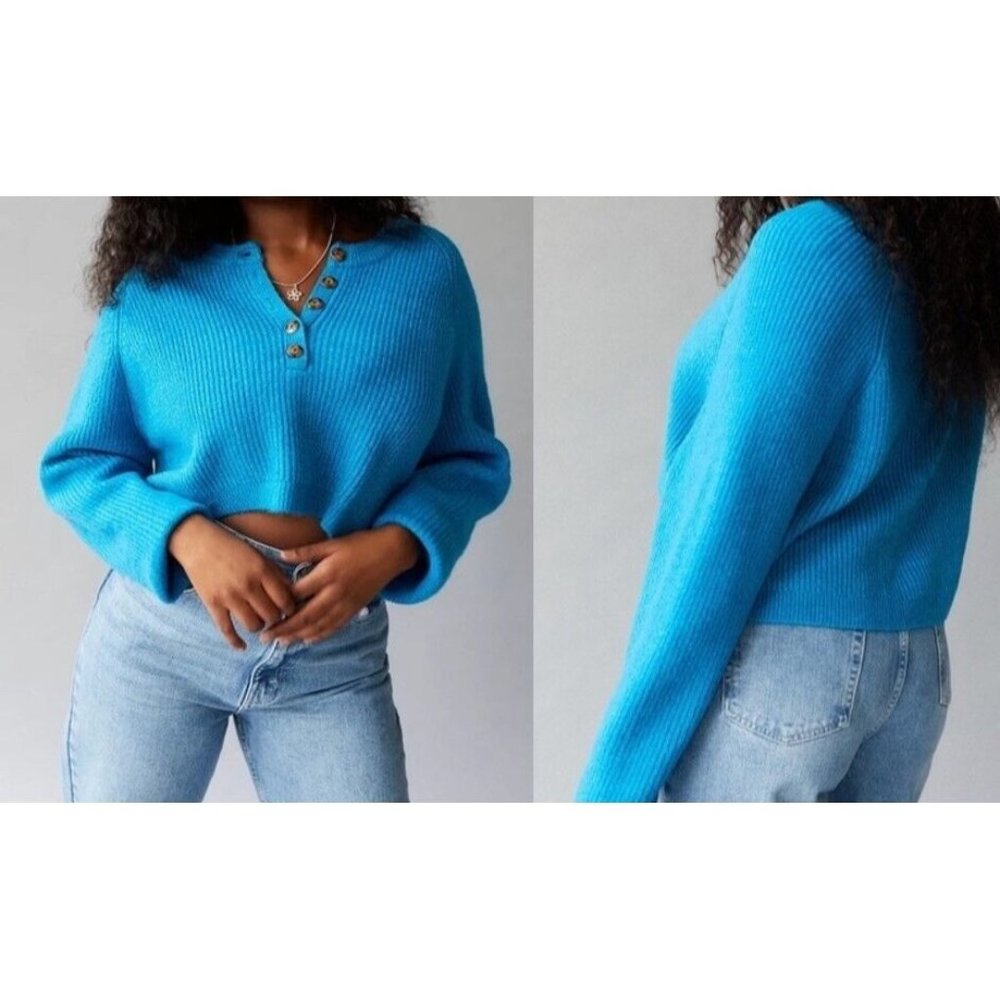 Urban Outfitters BDG Harlow Henley Sweater Sz S Blue Cropped LS Buttons NWT